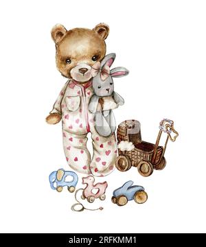Uber die Zusammensetzung von Aquarell-Babyspielzeug und Teddybär. Holz Kinderspielzeug Aquarell handgezeichnet. Pädagogische Holzblöcke und -Gegenstände für Kleinkinder. Perfekt f Stockfoto
