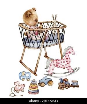 Uber die Zusammensetzung von Aquarell-Babyspielzeug und Teddybär. Holz Kinderspielzeug Aquarell handgezeichnet. Pädagogische Holzblöcke und -Gegenstände für Kleinkinder. Perfekt f Stockfoto