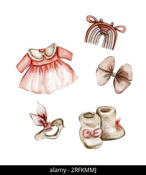 Ein Set wasserfarbener Babyspielzeuge. Holz Kinderspielzeug Aquarell handgezeichnet. Pädagogische Holzblöcke und -Gegenstände für Kleinkinder. Perfekt für Hochzeitseinladungen, Stockfoto