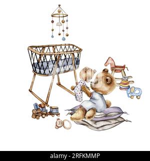 Uber die Zusammensetzung von Aquarell-Babyspielzeug und Teddybär. Holz Kinderspielzeug Aquarell handgezeichnet. Pädagogische Holzblöcke und -Gegenstände für Kleinkinder. Perfekt f Stockfoto