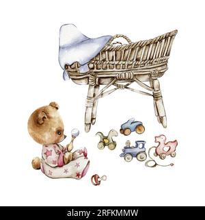 Uber die Zusammensetzung von Aquarell-Babyspielzeug und Teddybär. Holz Kinderspielzeug Aquarell handgezeichnet. Pädagogische Holzblöcke und -Gegenstände für Kleinkinder. Perfekt f Stockfoto