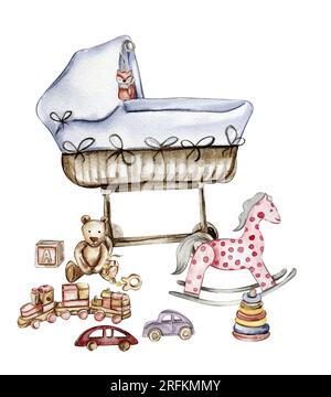 Uber die Zusammensetzung von Aquarell-Babyspielzeug und Teddybär. Holz Kinderspielzeug Aquarell handgezeichnet. Pädagogische Holzblöcke und -Gegenstände für Kleinkinder. Perfekt f Stockfoto