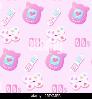00s, Y2K Nahtloses Muster, Tomagotchi, Telefon, Kosmetik. Pinkfarbenes Mädchen Stock Vektor
