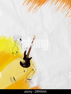 Strichgrafiken. Silhouette eines Mannes, der Gitarre spielt, vor hellem Hintergrund mit bunten abstrakten Elementen. Collage für zeitgenössische Kunst Stockfoto