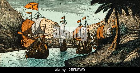 Die Flotte von Hernan Cortes, auf dem Weg nach Mexiko, die den Hafen von Santiago de Cuba verlässt. Nach einer Illustration der Historia General de las Indias von Francisco López de Gómara, 1552. Hernán Cortés de Monroy y Pizarro Altamirano, 1. Marquess of the Valley of Oaxaca, war ein spanischer Eroberer, der eine Expedition führte, die den Fall des Aztekenreiches verursachte und große Teile des heutigen Festlands Mexikos Anfang des 16. Jahrhunderts unter die Herrschaft des Königs von Kastilien brachte. Stockfoto