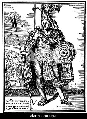 Moctezuma II, 1715. Neunter Kaiser des Aztekenreiches, regiert von 1502 oder 1503 bis 1520. Aus der Istoria della conquista del Messico della popolazione, e de' progressi nell'America ('Geschichte der Eroberung der mexikanischen Bevölkerung und Fortschritt in Amerika'), 1715. Von Antonio De Solis. Stockfoto