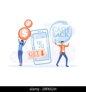 Online-Cashback- oder Geldrückerstattungskonzept. Glückliche Leute, die Cashback für Einkäufe erhalten. Prämienprogramm. Flache Vektoren, moderne Illustration Stock Vektor
