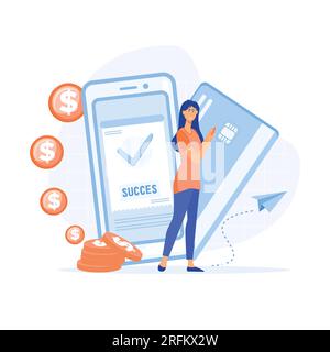 Konzept für mobile Online-Bezahlung und -Banking. Frau zahlt mit Handy erfolgreich und sicher. Flache Vektoren, moderne Illustration Stock Vektor