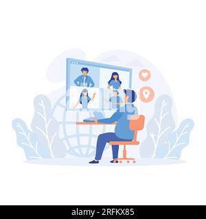 Online-Kommunikationskonzept, Videokonferenz. Personengruppe auf dem Computerbildschirm, die mit einem Kollegen eine flache, moderne Illustration aufnimmt Stock Vektor
