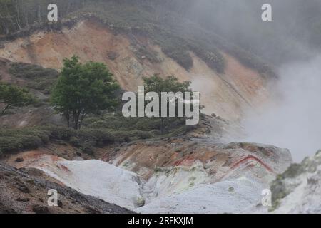 Das wunderschöne Tal von Jigokudani oder „Hell Valley“ befindet sich direkt über der Stadt Noboribetsu Onsen, in der heiße Dampflöcher in Hokkaido Japan zu sehen sind Stockfoto