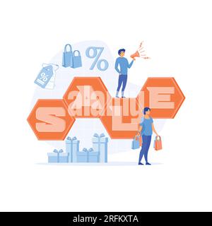 Preisnachlässe für Käufer im e-Marketing. Großes Verkaufsposter mit Kunden und Einkaufstaschen, flacher Vektor, moderne Illustration Stock Vektor