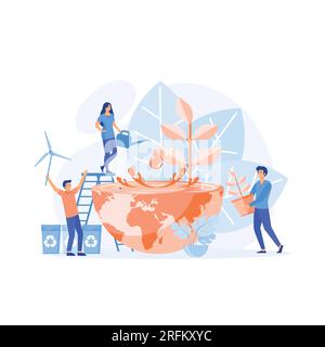 Alles Gute Zum Erdtag. Die Menschen kümmern sich um die Ökologie des Planeten. Reinigung, grünes Pflanzen und Bewässern. Flache Vektoren, moderne Illustration Stock Vektor