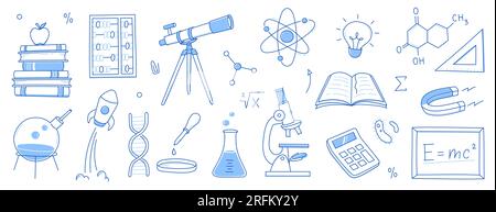 Doodle Science, eine Ikone der Schule. Handgezeichnete Skizzen bilden den wissenschaftlichen Hintergrund. Schulchemie, Physikunterricht, Biologiekonzeptsymbol. Darstellung des von Hand gezeichneten Linienvektors. Stock Vektor