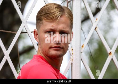 Edinburgh, Großbritannien. 04. Aug. 2023. Oriam Performance Centre. Riccarton. Edinburgh. Training und Pressekonferenz des Midlothian FC. 4. August 2023. Hearts' Frankie Kent stellt sich der Presse vor dem ersten Spiel der Saison in St. Johnstone (Foto: David Mollison/Alamy Live News Stockfoto