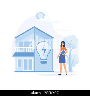 Nachhaltigkeit, Energiesparkonzept. Charaktere verwenden energieeffiziente Geräte, zahlen weniger und sparen Geld. Flache Vektoren, moderne Illustration Stock Vektor
