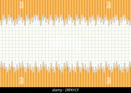 Realistische Bleistiftränder. Zeichenstifte in einer Linie zeichnen. Grafikelement für Sammelalben, Flyer, Poster, Einladung zum Schulverkauf. Vektor il Stock Vektor