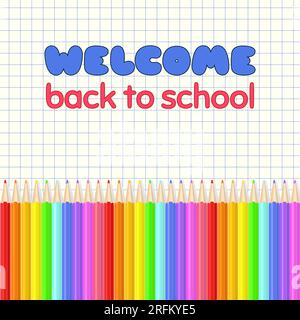 Farbenfrohe, realistische Bleistiftränder. Regenbogenfarbene Buntstifte in einer Reihe. Grafikelement für Sammelalben, Flyer, Poster, Back-to-School-Angebote invi Stock Vektor