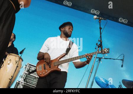 Kopenhagen, Dänemark. 03. Aug. 2023. Die englische Band Kokoroko führt während des dänischen Musikfestivals O Days 2023 in Kopenhagen ein Live-Konzert auf. Kredit: Gonzales Photo/Alamy Live News Stockfoto