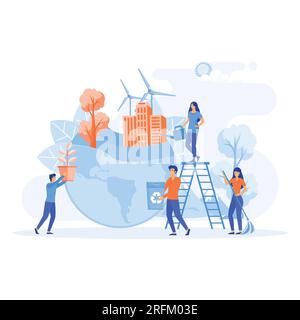 Ökologiekonzept. Die Leute bereiten sich auf den Urlaub vor, retten den Planeten, Weltumwelttag. Flache Vektoren, moderne Illustration Stock Vektor