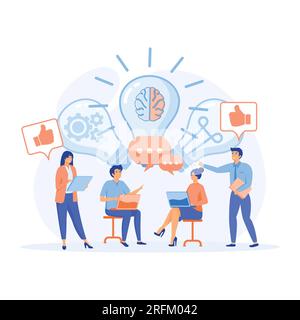 Teilen und Suchen von Geschäftsideen. Bei der Suche nach kreativen Lösungen für Aufgaben tauschen Büromitarbeiter Ideen aus. Flache Vektoren, moderne Illustration Stock Vektor