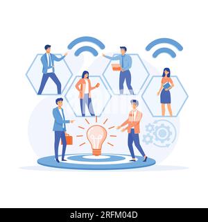 Online-Assistent bei der Arbeit. Werbung im Netzwerk. manager bei der Remote-Arbeit, auf der Suche nach neuen Ideenlösungen. Flache Vektoren, moderne Illustration Stock Vektor