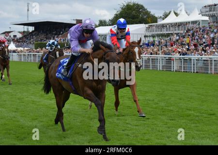 Goodwood, Großbritannien. 4. August 2023. Temporize, RiRived by Luke Morris gewinnt 13,50 Coral Goodwood Handicap Stakes auf der Goodwood Racecourse, Großbritannien. Kredit: Paul Blake/Alamy Live News. Stockfoto