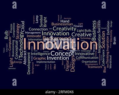 Word Cloud-Hintergrundkonzept für Innovation. Kreativitätskonzept Strategie kann Erfindungslösung entwickeln. vektordarstellung. Stock Vektor