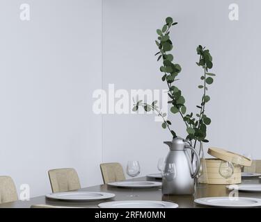 Dekoration des Esstisches mit Innenausstattung, Teller, Glas und moderner Vase Stockfoto