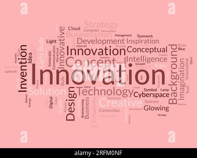 Word Cloud-Hintergrundkonzept für Innovation. Kreativitätskonzept Strategie kann Erfindungslösung entwickeln. vektordarstellung. Stock Vektor