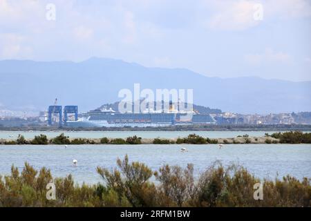 Rosa Flamingos und andere Vögel wandern im Wasser des Mittelmeers auf der Insel Sardinien, Italien. Dahinter ist die Stadt Cagliari Stockfoto