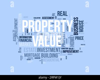 Word Cloud-Hintergrundkonzept für Eigenschaftswert. Investitionsgeschäft, Hypothekendarlehen, Immobilienbewertung. vektorbeleuchtung Stock Vektor