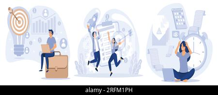 Projektlebenszykluskonzept, Projekteinleitung und -Abschluss, Frist, Dokumentation, Geschäftsanalyse, Genehmigung durch Stakeholder, Arbeitszeit, flaches vecto festlegen Stock Vektor