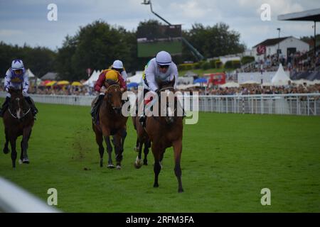 Goodwood, Großbritannien. 4. August 2023. Epictetus, geritten von Frankie Dettori, gewinnt 14,25 Bonhams Thoroughbred Stakes auf der Goodwood Racecourse, Großbritannien. Kredit: Paul Blake/Alamy Live News. Stockfoto