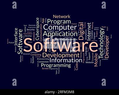 Word Cloud-Hintergrundkonzept für Software. Entwicklung der Computerprogrammierung von Cloud-Netzwerktechnologien. vektordarstellung. Stock Vektor