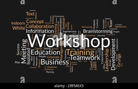 Word Cloud-Hintergrundkonzept für Workshop. Seminar zur Unternehmensschulung für das Informationskonzept des Mitarbeiter-Brainstormings. vektordarstellung. Stock Vektor