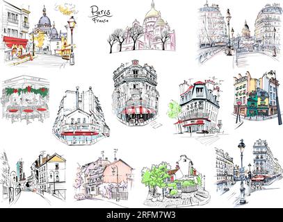Set aus typischen Pariser Wahrzeichen, Haus, Café und Laternen, Paris, Frankreich. Stock Vektor