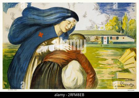 Ein rotes Kreuz hilft einer Frau - WWI-Poster - Leonetto Cappiello-Kunstwerk 1918 Stockfoto