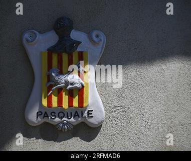 Handgefertigte verglaste Eingangstür mit Wappen auf einer grauen strukturierten Wand in Savoca Sizilien, Italien. Stockfoto