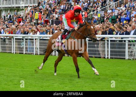 Goodwood, Großbritannien. 4. August 2023. Highfield Princess, geritten von Jason Hart, gewinnt die King George Qatar Stakes 15,35 auf der Goodwood Racecourse, Großbritannien. Kredit: Paul Blake/Alamy Live News. Stockfoto