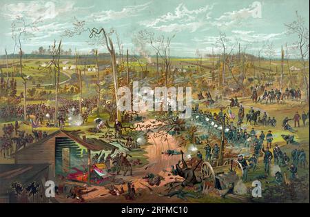 Schlacht von Shiloh 6. April 1862. Eine Fahrbahn; möglicherweise Korinth Straße; die Trennung der Union Truppen unter dem Kommando von General US Grant; Rechts; und die konföderierten Kräfte auf der linken Seite; in einem zerstörten Gebäude; in der Mitte der Kämpfe; steht ein 'McCormick Harvester & Garn Binder'; durch die Kanonen und Musketen Feuer unberührt. Diese Werbung drucken Kopiert einen Teil des Théophile Poilpot gemalten Panorama Stockfoto