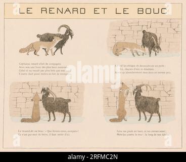 Der Fuchs und die Ziege, Teller I.. Teller illustriert von Louis-Maurice Boutet de Monvel und veröffentlicht in „La Fontaine: Fables Choisies pour les enfants“ von Plon, Nourrit et Cie (Paris) im Jahr 1888. Stockfoto