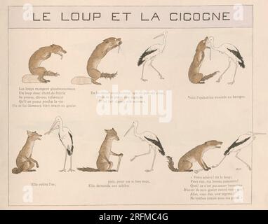 Der Wolf und der Storch. Teller illustriert von Louis-Maurice Boutet de Monvel und veröffentlicht in „La Fontaine: Fables Choisies pour les enfants“ von Plon, Nourrit et Cie (Paris) im Jahr 1888. Stockfoto
