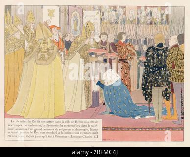 Krönungszeremonie Karl VII. In der Kathedrale von Reims. Illustration veröffentlicht im Buch „Jeanne d'Arc“ von Louis-Maurice Boutet de Monvel, veröffentlicht von Plon, Nourrit & Cie im Jahr 1896. Stockfoto
