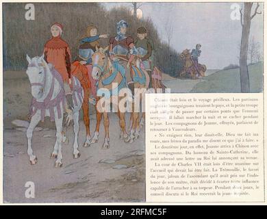 Jeanne d'Arc auf dem Weg nach Chinon bei Nacht, um englischen oder burgundischen Partisanen zu begegnen. Illustration veröffentlicht im Buch „Jeanne d'Arc“ von Louis-Maurice Boutet de Monvel, veröffentlicht von Plon, Nourrit & Cie im Jahr 1896. Stockfoto