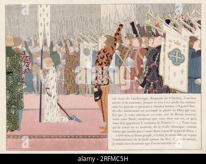Krönungszeremonie Karl VII. In der Kathedrale von Reims. Illustration veröffentlicht im Buch „Jeanne d'Arc“ von Louis-Maurice Boutet de Monvel, veröffentlicht von Plon, Nourrit & Cie im Jahr 1896. Stockfoto