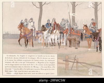 Jeanne d'Arc beobachtet den englischen Rückzug aus der Loire. Illustration veröffentlicht im Buch „Jeanne d'Arc“ von Louis-Maurice Boutet de Monvel, veröffentlicht von Plon, Nourrit & Cie im Jahr 1896. Stockfoto