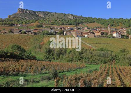 Frankreich, Saône-et-Loire (71), Solutré-Pouilly, le Village et la roche de Solutré vue depuis le vignoble Pouilly-Fuissé / Frankreich, Saône-et-Loire Solutré-Pouilly, das Dorf und der Felsen von Solutré aus dem Weinberg Pouilly-Fuissé Stockfoto