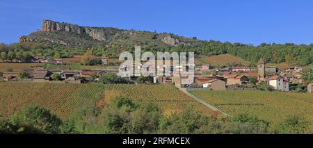 Frankreich, Saône-et-Loire (71), Solutré-Pouilly, le Village et la roche de Solutré vue depuis le vignoble Pouilly-Fuissé / Frankreich, Saône-et-Loire Solutré-Pouilly, das Dorf und der Felsen von Solutré aus dem Weinberg Pouilly-Fuissé Stockfoto