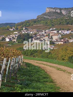 Frankreich, Saône-et-Loire (71), Solutré-Pouilly, le Village et la roche de Solutré vue depuis le vignoble Pouilly-Fuissé / Frankreich, Saône-et-Loire Solutré-Pouilly, das Dorf und der Felsen von Solutré aus dem Weinberg Pouilly-Fuissé Stockfoto