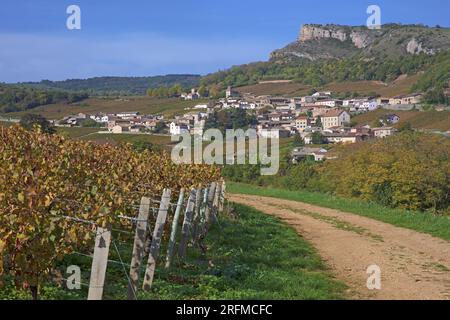 Frankreich, Saône-et-Loire (71), Solutré-Pouilly, le Village et la roche de Solutré vue depuis le vignoble Pouilly-Fuissé / Frankreich, Saône-et-Loire Solutré-Pouilly, das Dorf und der Felsen von Solutré aus dem Weinberg Pouilly-Fuissé Stockfoto